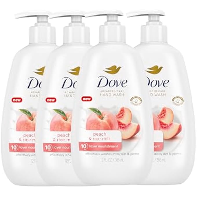 Dove ADVANCED CARE HAND WASH PEACH & RICE MILK 4 COUNT FOR WASHING AWAY DIRT & GERMS WHILE NOURISHING SKIN 10 LAYERS DEEP, WITH MOISTURE BOOST 5X COMPLEX - Image 1